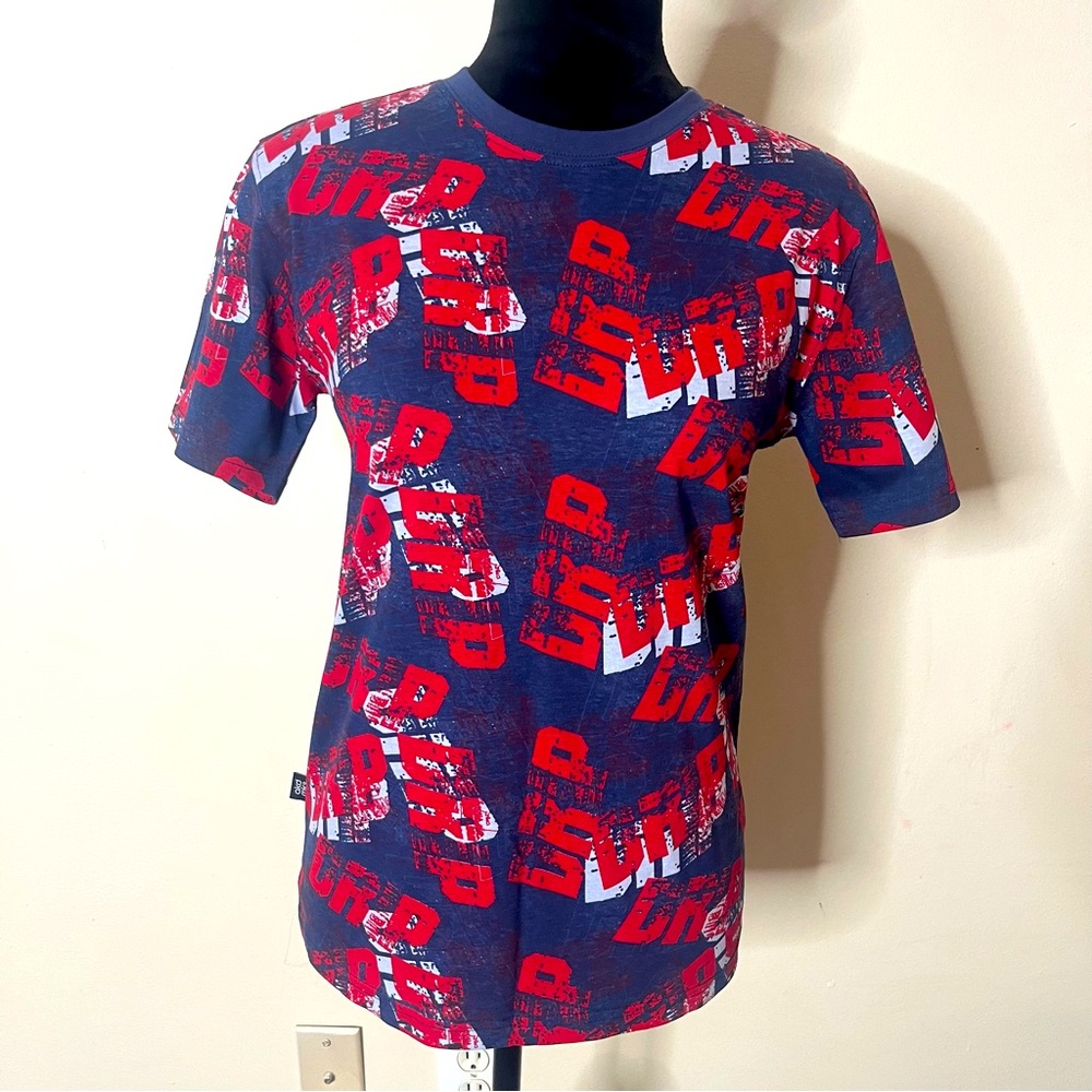 Akademiks Boys Sz L 14/16 Blue/Red Drip Graphics‎ Crewneck Short Sleeve T~Shirt